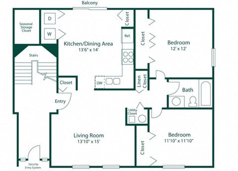 Floor plan for 2 beds, 1 bath, 900 sqft